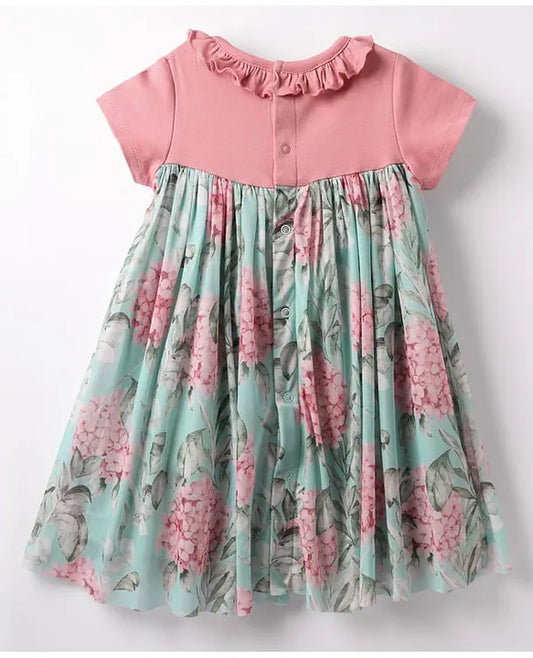 ToffyHouse Cotton Woven Half Sleeves Frocks With Floral Print & Bow Applique - Pink