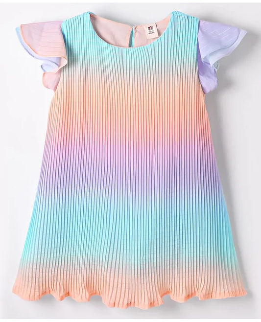 ToffyHouse Cotton Woven Cap Sleeves Rib Frock With Ombre Effect - Multicolor