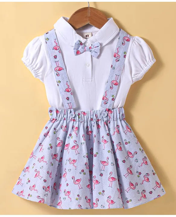 ToffyHouse Interlock Knit Half Puffed Sleeves Top & Skirt Set with Flamingo Print & Bow Applique - Light Blue & White