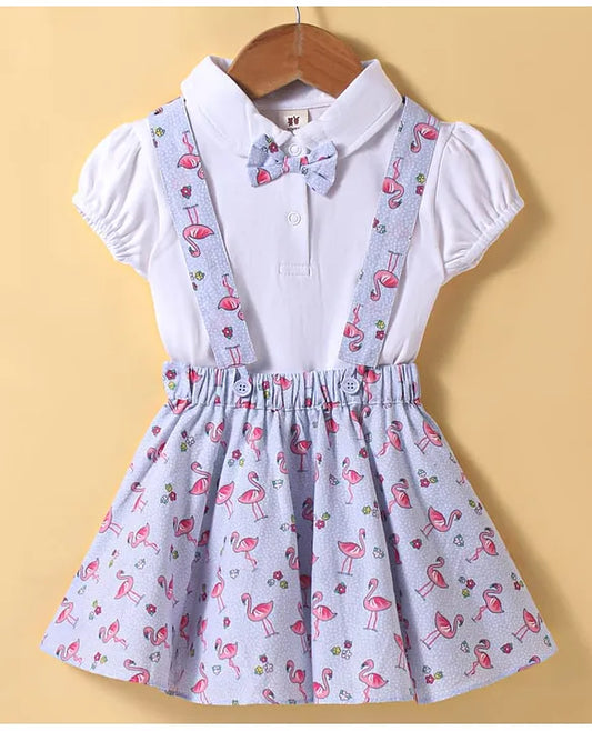 ToffyHouse Interlock Knit Half Puffed Sleeves Top & Skirt Set with Flamingo Print & Bow Applique - Light Blue & White