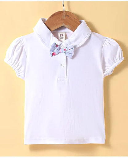ToffyHouse Interlock Knit Half Puffed Sleeves Top & Skirt Set with Flamingo Print & Bow Applique - Light Blue & White