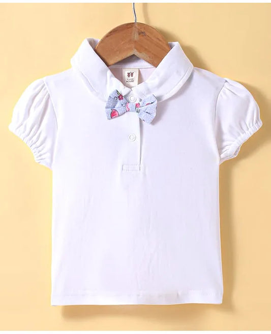 ToffyHouse Interlock Knit Half Puffed Sleeves Top & Skirt Set with Flamingo Print & Bow Applique - Light Blue & White