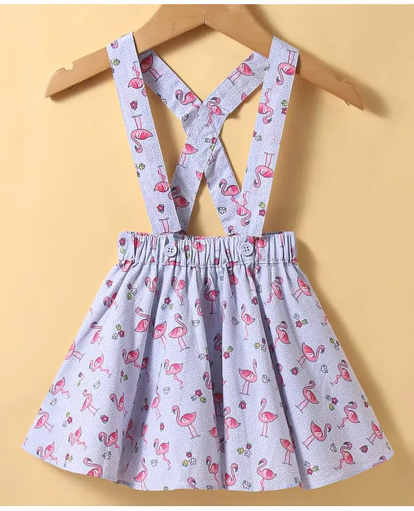 ToffyHouse Interlock Knit Half Puffed Sleeves Top & Skirt Set with Flamingo Print & Bow Applique - Light Blue & White