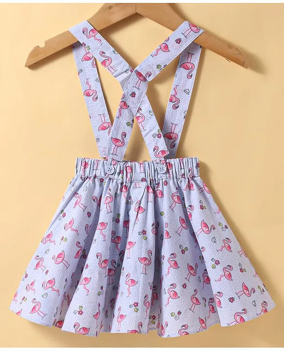 ToffyHouse Interlock Knit Half Puffed Sleeves Top & Skirt Set with Flamingo Print & Bow Applique - Light Blue & White