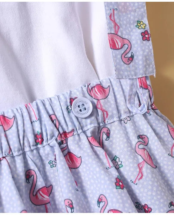 ToffyHouse Interlock Knit Half Puffed Sleeves Top & Skirt Set with Flamingo Print & Bow Applique - Light Blue & White