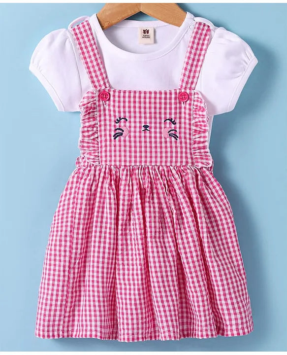 ToffyHouse Cotton Knit Checkered Frock with Half Puffed Sleeves Top & Animal Embroidery - Pink & White