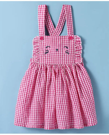 ToffyHouse Cotton Knit Checkered Frock with Half Puffed Sleeves Top & Animal Embroidery - Pink & White