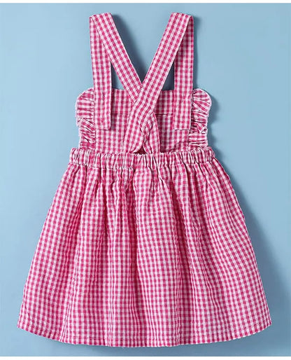 ToffyHouse Cotton Knit Checkered Frock with Half Puffed Sleeves Top & Animal Embroidery - Pink & White