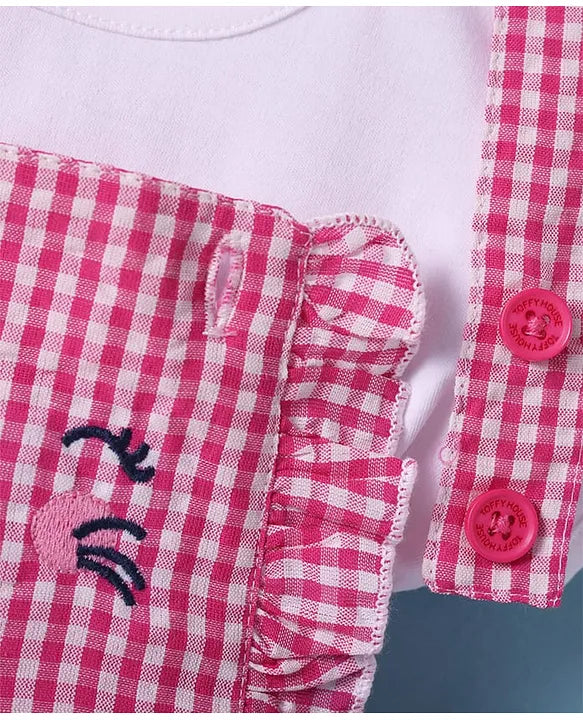 ToffyHouse Cotton Knit Checkered Frock with Half Puffed Sleeves Top & Animal Embroidery - Pink & White
