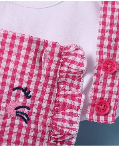 ToffyHouse Cotton Knit Checkered Frock with Half Puffed Sleeves Top & Animal Embroidery - Pink & White