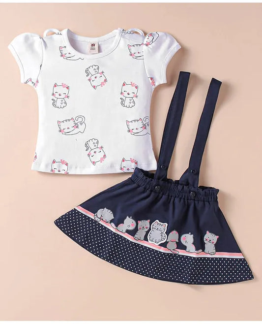 ToffyHouse Knitted Half Puffed Sleeves Top & Skirt with Kitty Print & Embroidery - Navy Blue & White