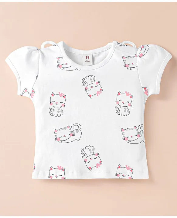 ToffyHouse Knitted Half Puffed Sleeves Top & Skirt with Kitty Print & Embroidery - Navy Blue & White