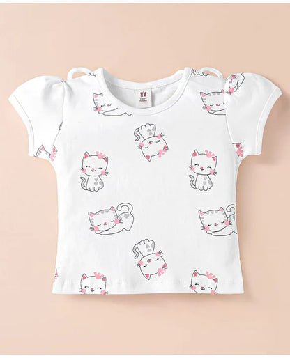 ToffyHouse Knitted Half Puffed Sleeves Top & Skirt with Kitty Print & Embroidery - Navy Blue & White