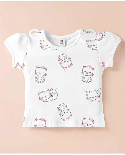 ToffyHouse Knitted Half Puffed Sleeves Top & Skirt with Kitty Print & Embroidery - Navy Blue & White