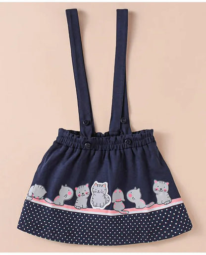 ToffyHouse Knitted Half Puffed Sleeves Top & Skirt with Kitty Print & Embroidery - Navy Blue & White