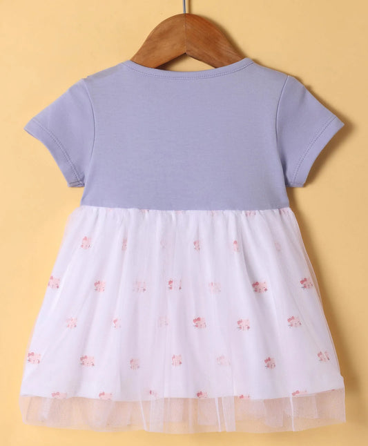 ToffyHouse Cotton Knit Half Sleeves Frocks with Animal Print & Appilque - Lavender