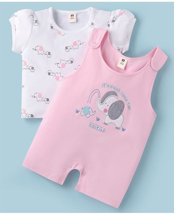 ToffyHouse  Top & Dungaree style Romper Animal & Text Embroidery & Patch - Pink