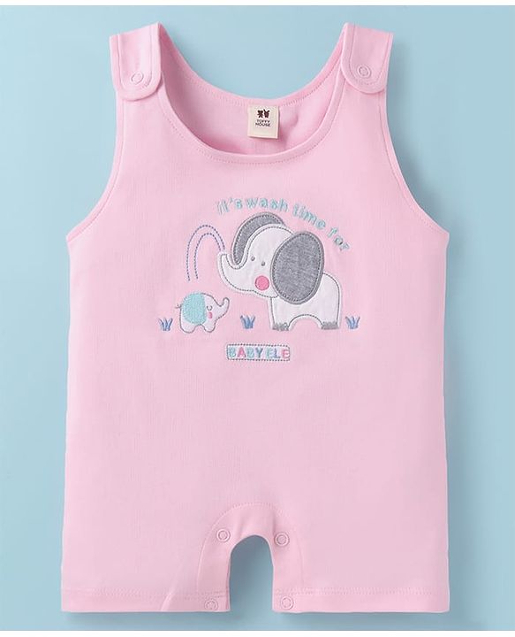 ToffyHouse  Top & Dungaree style Romper Animal & Text Embroidery & Patch - Pink