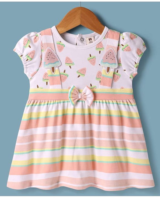 ToffyHouse Half Sleeves Dress With Watermelon Print & Bow Applique - Light Pink