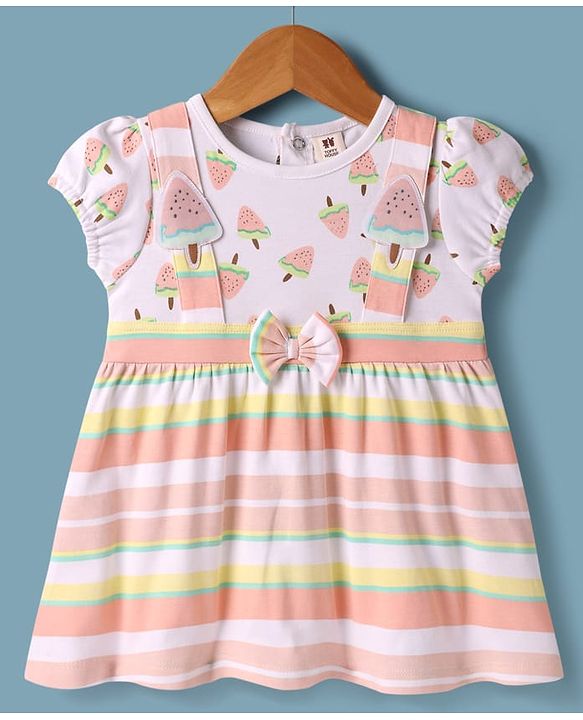 ToffyHouse Half Sleeves Dress With Watermelon Print & Bow Applique - Light Pink