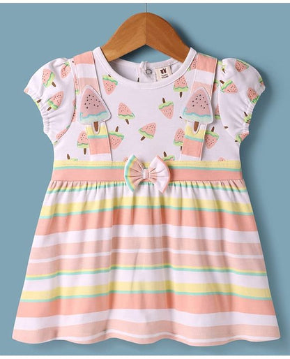 ToffyHouse Half Sleeves Dress With Watermelon Print & Bow Applique - Light Pink