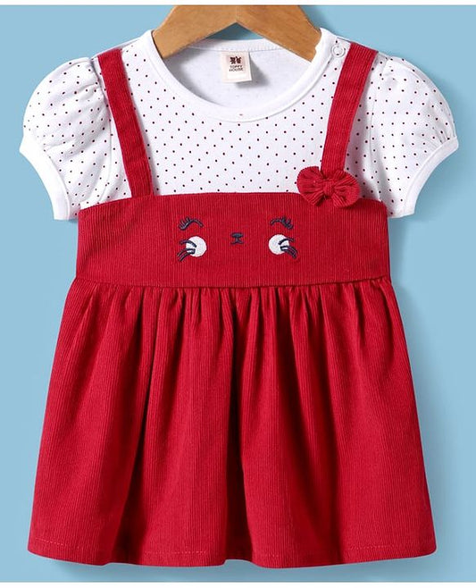 ToffyHouse Cotton Frock With Cat Embroidery & Polka Dot Print - Red & White