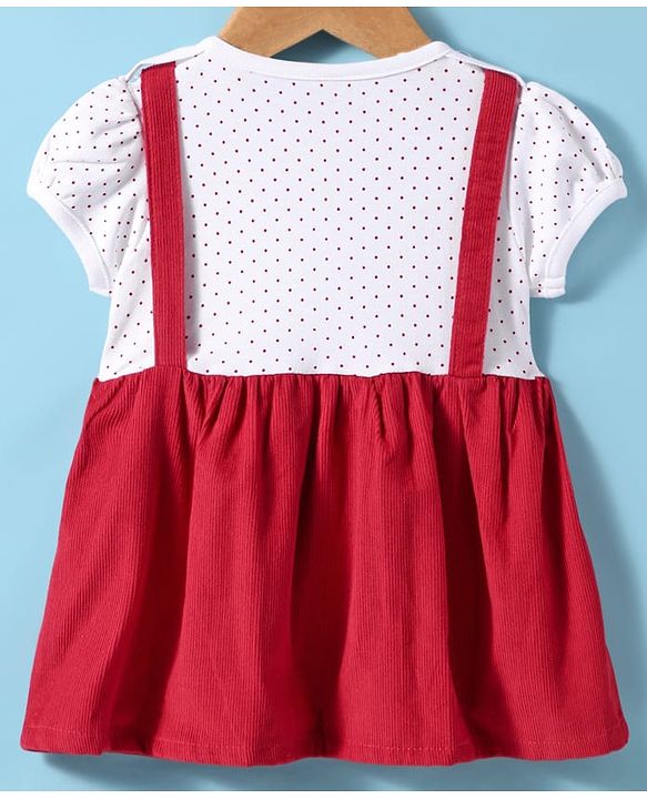 ToffyHouse Cotton Frock With Cat Embroidery & Polka Dot Print - Red & White