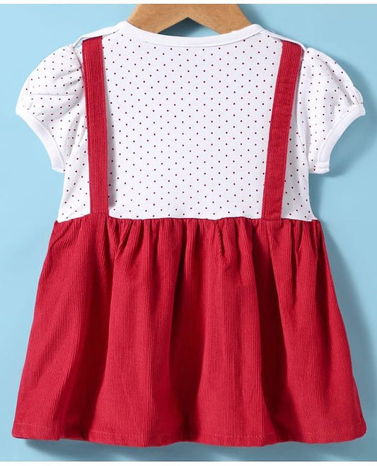 ToffyHouse Cotton Frock With Cat Embroidery & Polka Dot Print - Red & White