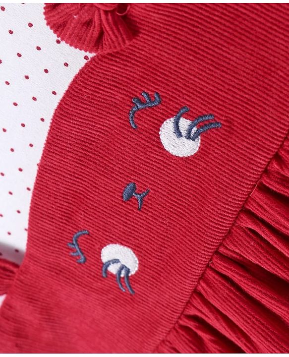 ToffyHouse Cotton Frock With Cat Embroidery & Polka Dot Print - Red & White