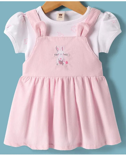 ToffyHouse Cotton Knit Frock & Half Sleeves Inner Tee With Bunny Print & Embroidery - Light Pink