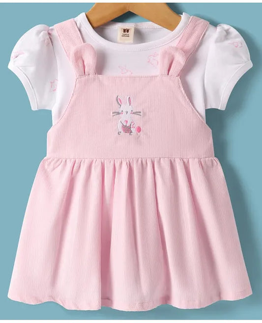 ToffyHouse Cotton Knit Frock & Half Sleeves Inner Tee With Bunny Print & Embroidery - Light Pink