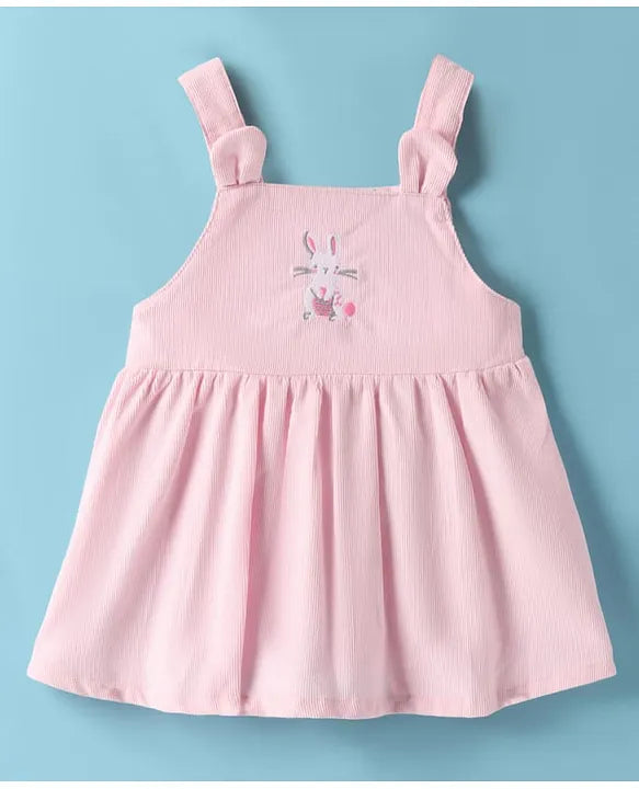 ToffyHouse Cotton Knit Frock & Half Sleeves Inner Tee With Bunny Print & Embroidery - Light Pink