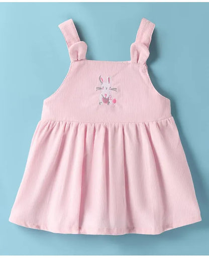 ToffyHouse Cotton Knit Frock & Half Sleeves Inner Tee With Bunny Print & Embroidery - Light Pink