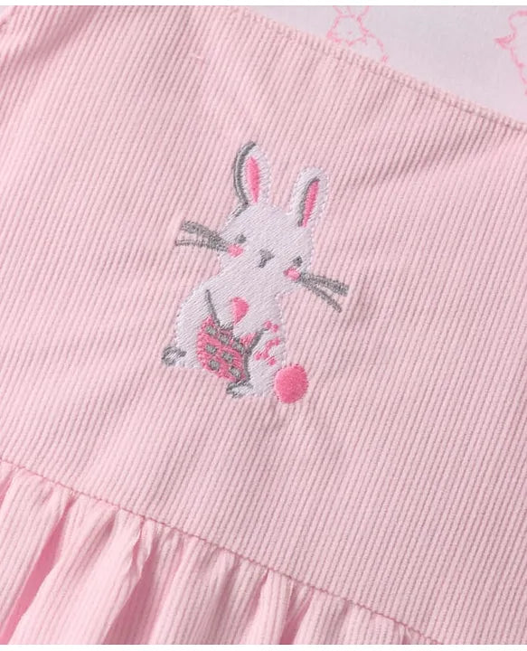 ToffyHouse Cotton Knit Frock & Half Sleeves Inner Tee With Bunny Print & Embroidery - Light Pink