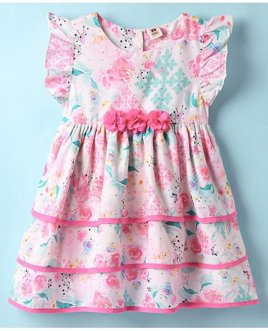 ToffyHouse  Frill Sleeves Party Frock With Floral Print & Bow Applique - Pink