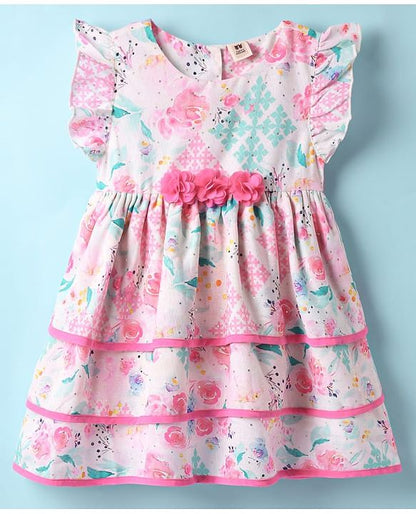 ToffyHouse  Frill Sleeves Party Frock With Floral Print & Bow Applique - Pink
