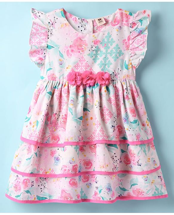 ToffyHouse  Frill Sleeves Party Frock With Floral Print & Bow Applique - Pink