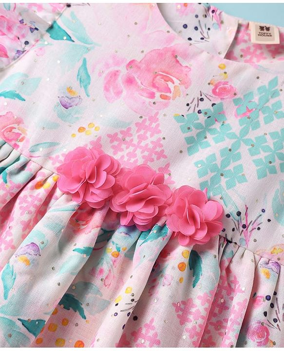 ToffyHouse  Frill Sleeves Party Frock With Floral Print & Bow Applique - Pink