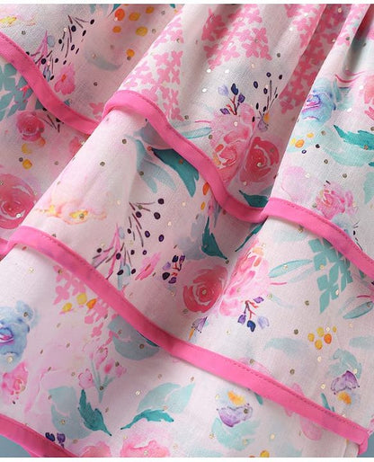 ToffyHouse  Frill Sleeves Party Frock With Floral Print & Bow Applique - Pink