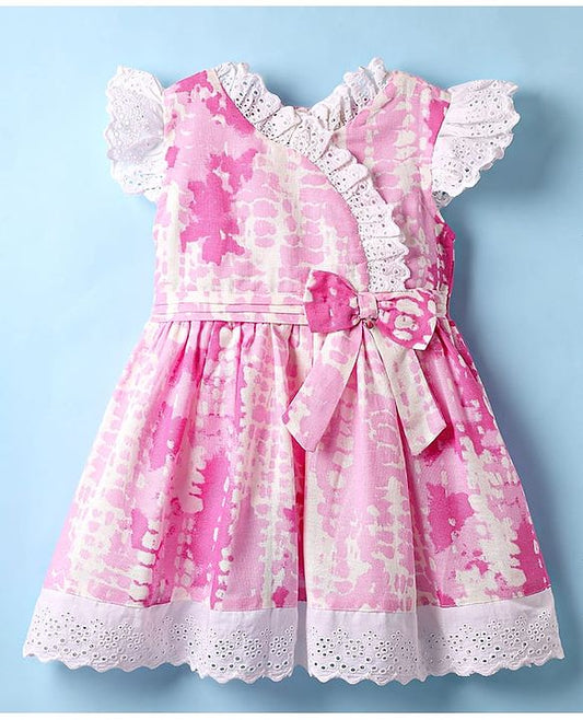 ToffyHouse Cotton  Frock With Abstract Print Bow Applique & Lace Detailing - Pink