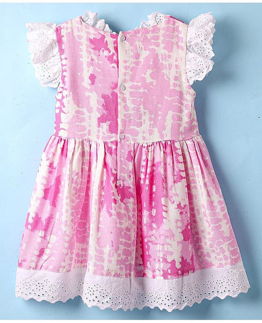 ToffyHouse Cotton  Frock With Abstract Print Bow Applique & Lace Detailing - Pink