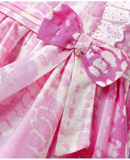 ToffyHouse Cotton  Frock With Abstract Print Bow Applique & Lace Detailing - Pink
