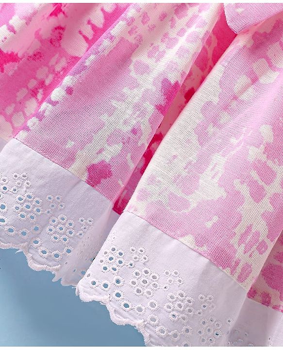 ToffyHouse Cotton  Frock With Abstract Print Bow Applique & Lace Detailing - Pink
