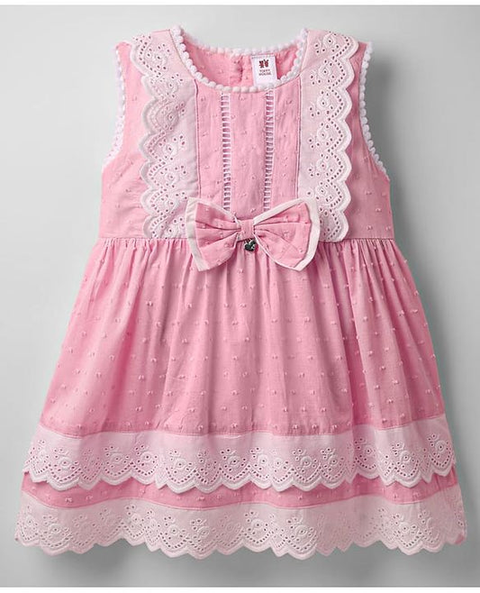 ToffyHouse Sleeveless Frock With Lace Detailing & Bow Applique - Pink