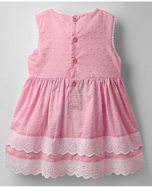 ToffyHouse Sleeveless Frock With Lace Detailing & Bow Applique - Pink
