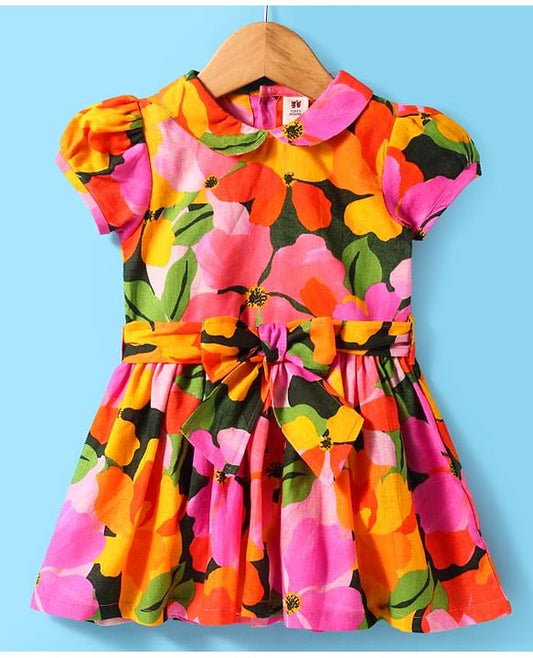 ToffyHouse Puffed Sleeves Peter Pan Collar Frock  - Orange & Pink