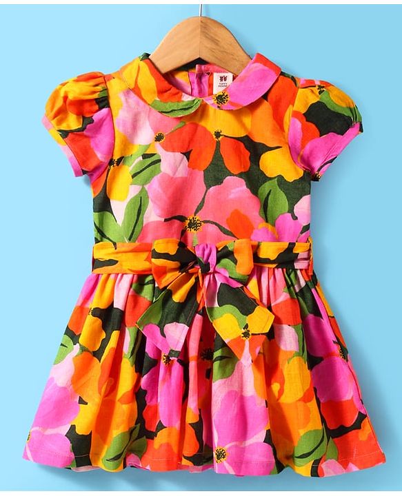 ToffyHouse Puffed Sleeves Peter Pan Collar Frock  - Orange & Pink