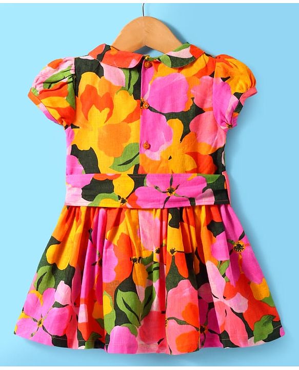 ToffyHouse Puffed Sleeves Peter Pan Collar Frock  - Orange & Pink