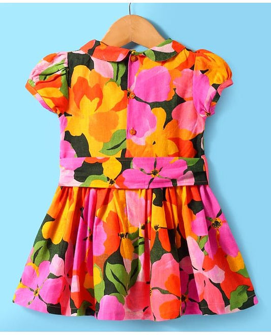 ToffyHouse Puffed Sleeves Peter Pan Collar Frock  - Orange & Pink