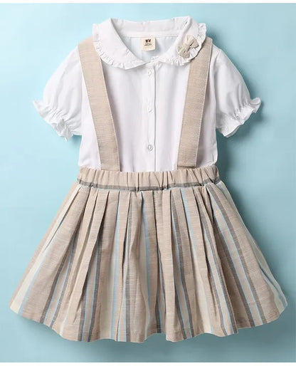 ToffyHouse Cotton Woven Puffed Sleeves Striped Frock With Bow Applique - Beige